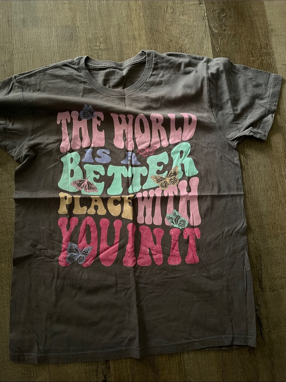 Graphic Tee - Multicolor Text & Butterflies